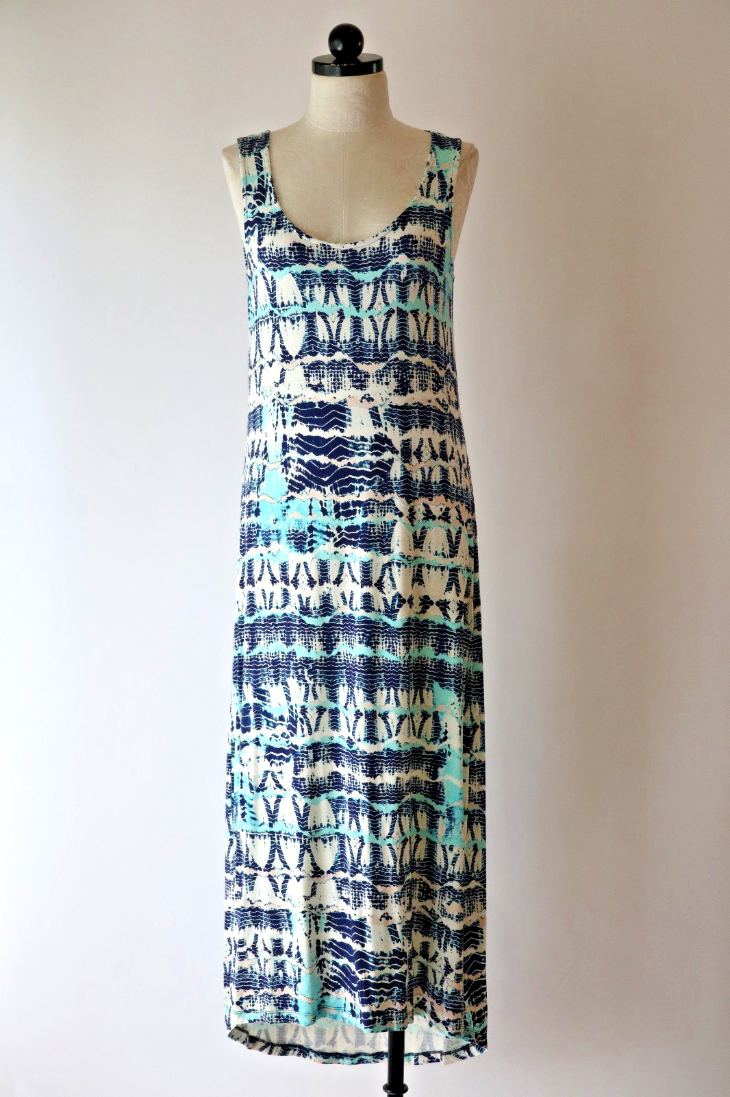Nicole Miller Blue Navy Turquoise Tie Dye Rayon Jersey Cutout Maxi Dress Women S