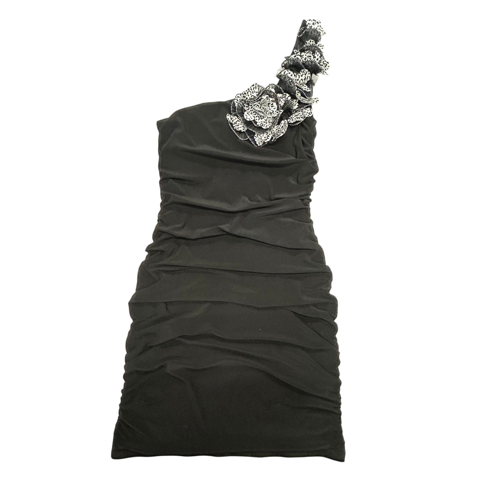 DEB Y2K Ruched One Shoulder Mini Dress Coquette M Black Party Girl Clubwear Glam