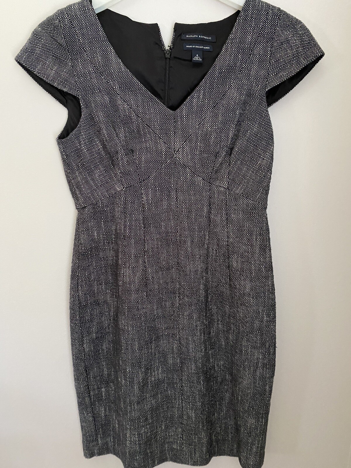 Italian Black Tweed Lined Dress Cap Sleeves Knee Length Office Siren Sz 4