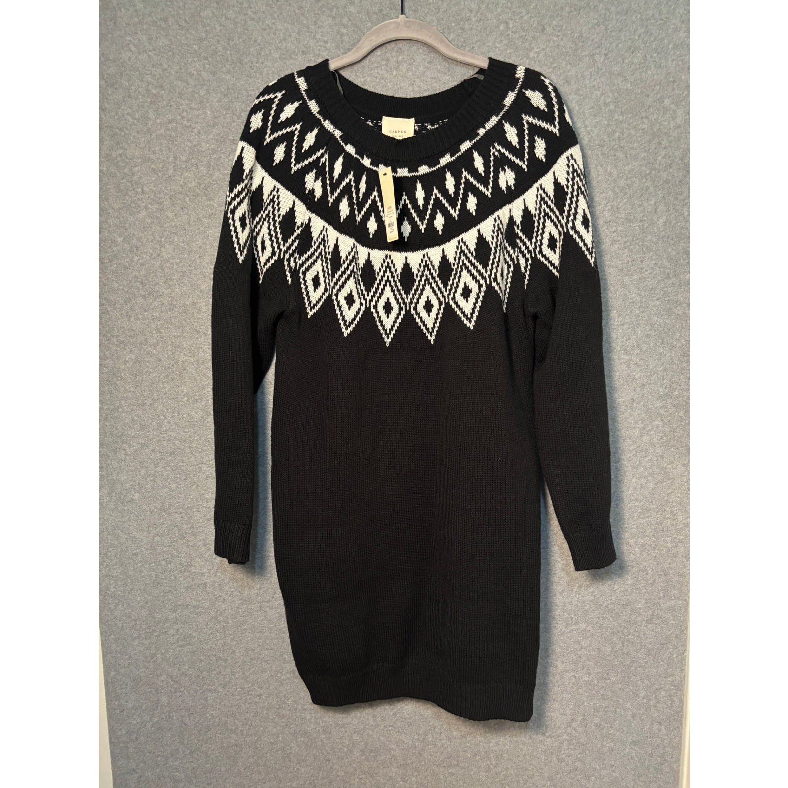 Harper Heritage Black White Fair Isle Sweater Dress Nordic Knit Winter NWT Large