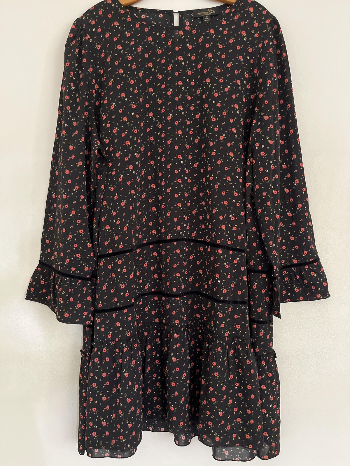 Suzanne Betro Dress Womens 2X Black Floral Long Sleeve Ruffle Swing Trapeze