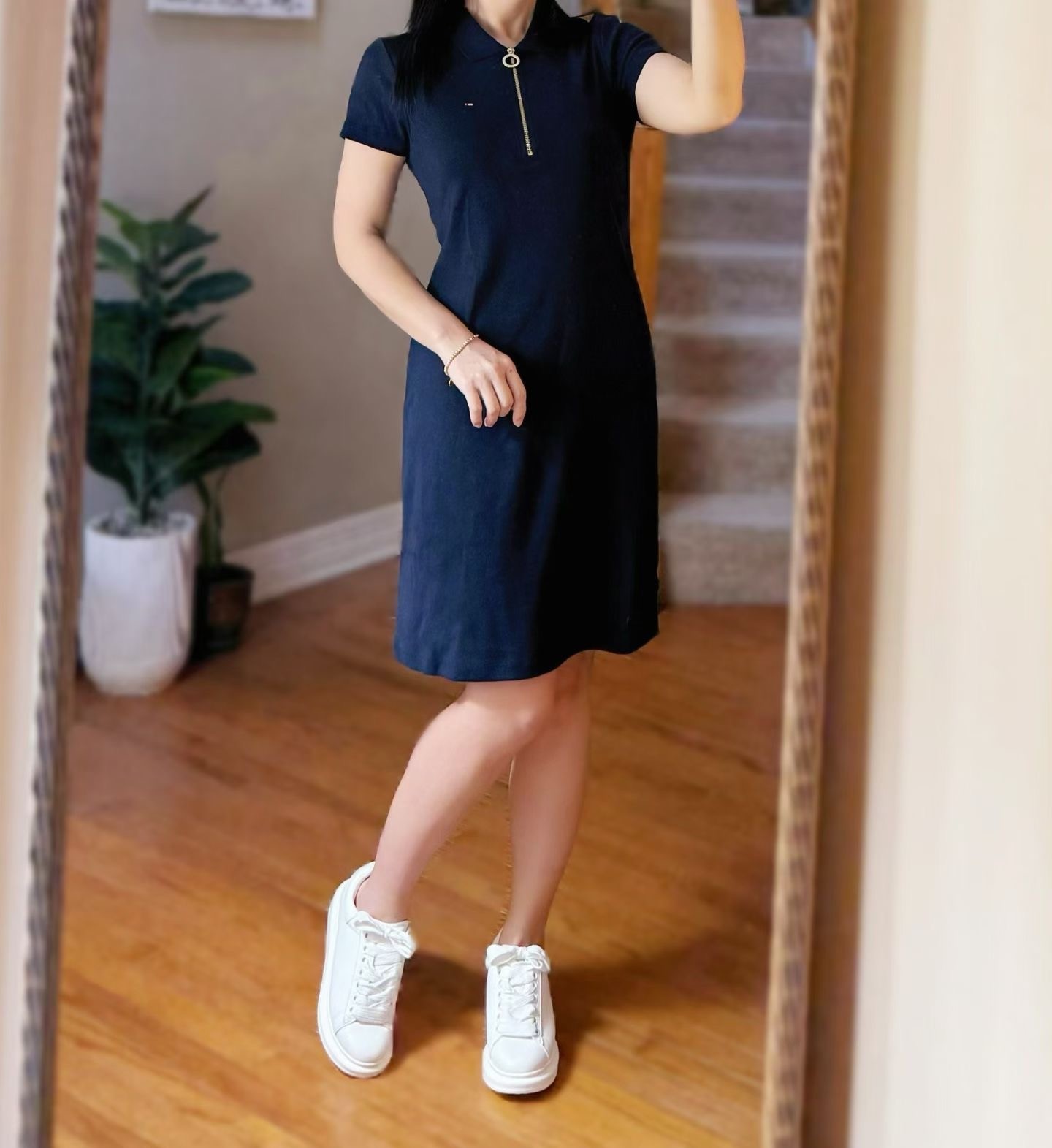 Tommy Hilfiger Navy Knit 1/4 Zip Polo Dress Short Sleeve Embroidered Flag Slim