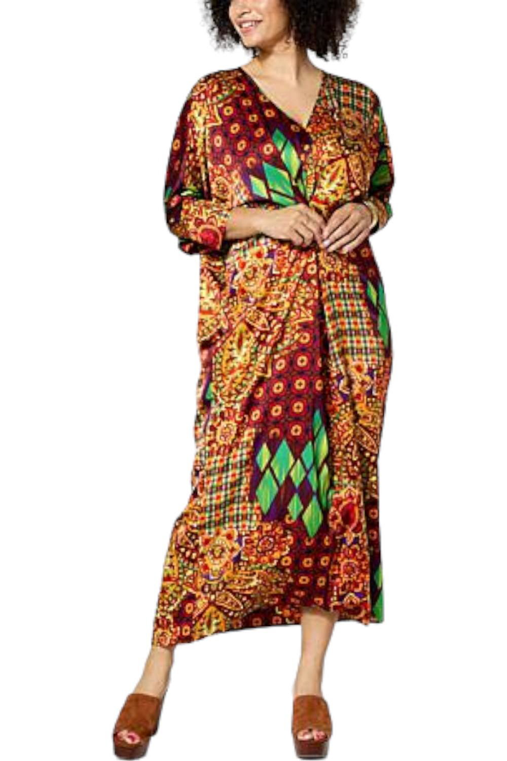 IMAN Global Chic Printed Satin Dress with Front Pleats Orange