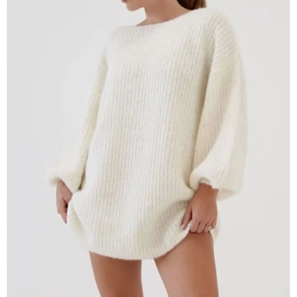 Rumored Revolve Oversized Knit XS Sweater Dress Cream Balloon Sleeve Cozy