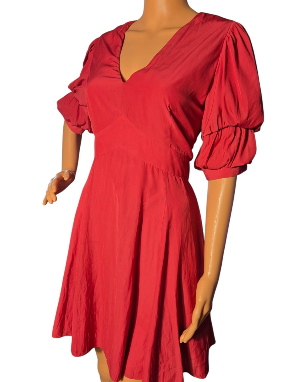 1.STATE M Red Solid V-Neck 3/4 Puff Sleeve Short A-Line Dress Zip Ruffle