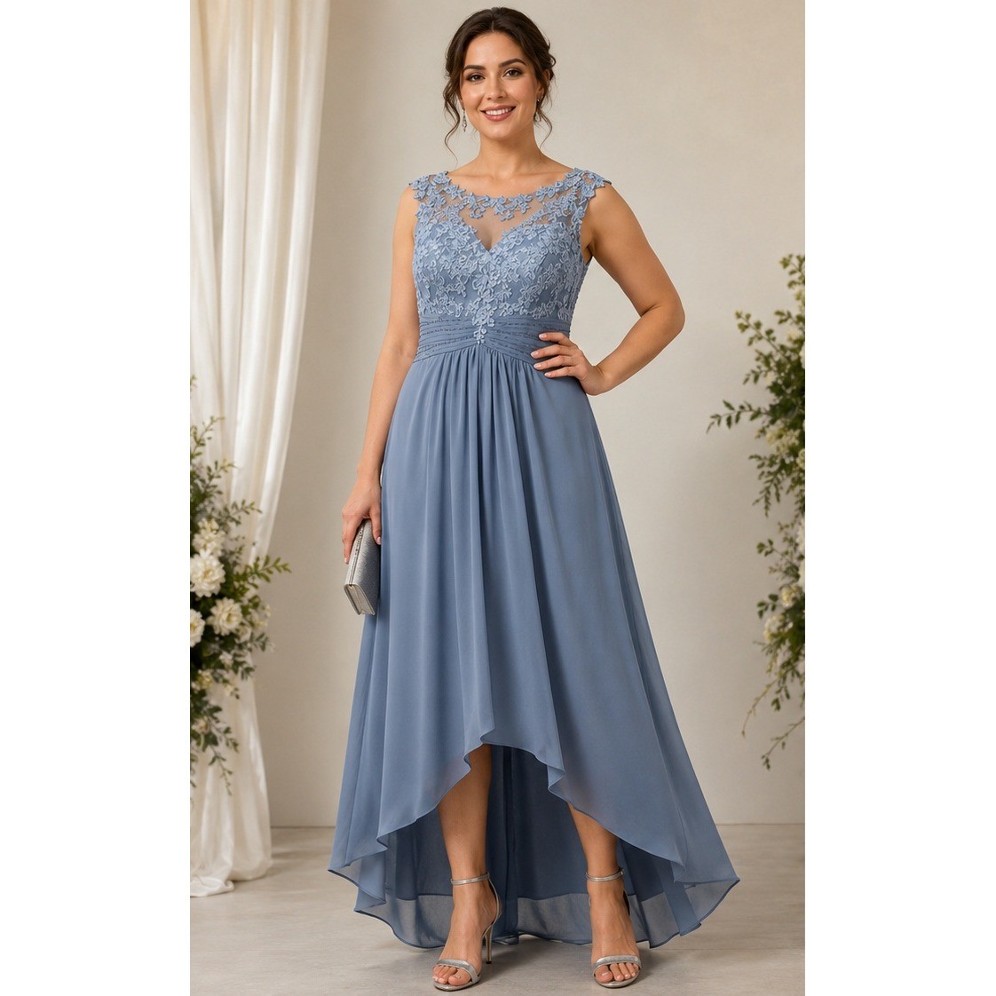 Witness of Love Blue Lace High-Low Formal Evening Gown Dress Size 106×88