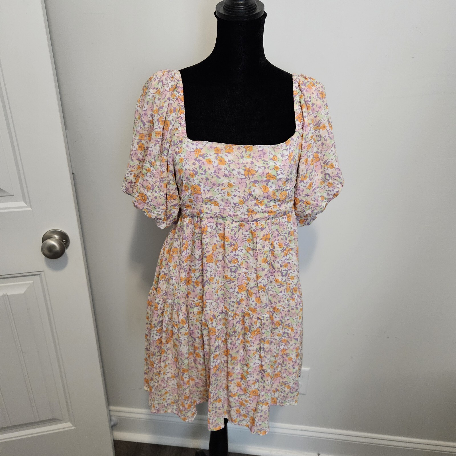 MINKPINK Versailles Puff Sleeves Square Neck Floral Pink Mini Dress Size Small
