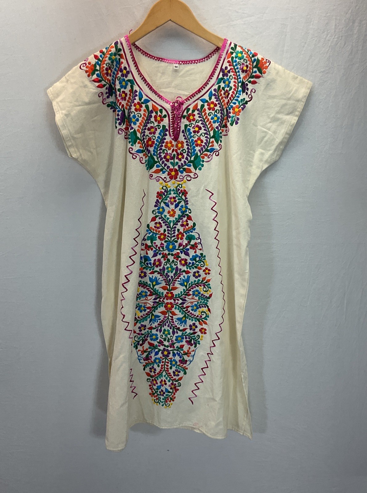 Mexican Colorful Embroidered Tunic Coverup Mini Dress Size M Tie Back/Neck