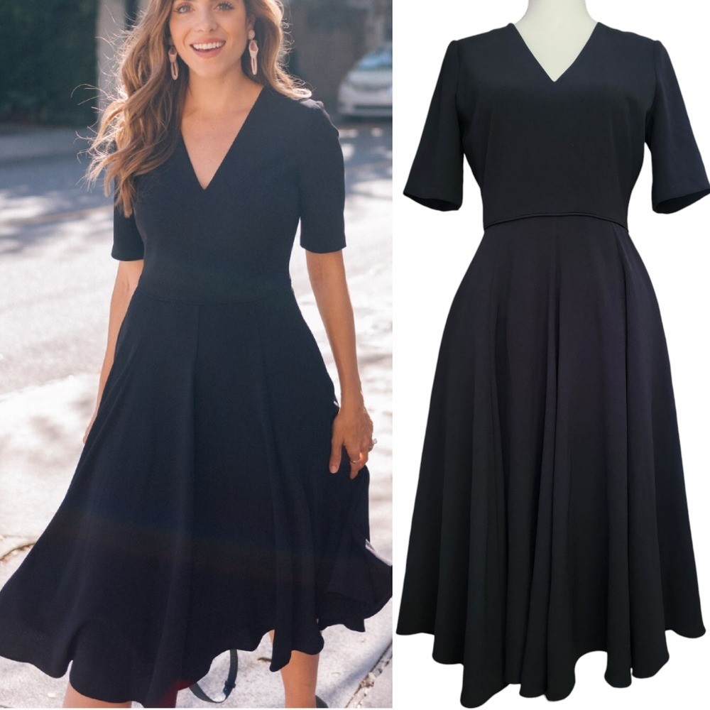 Gal Meets Glam Edith City Crepe Fit & Flare Classic Black Midi Dress Size 6