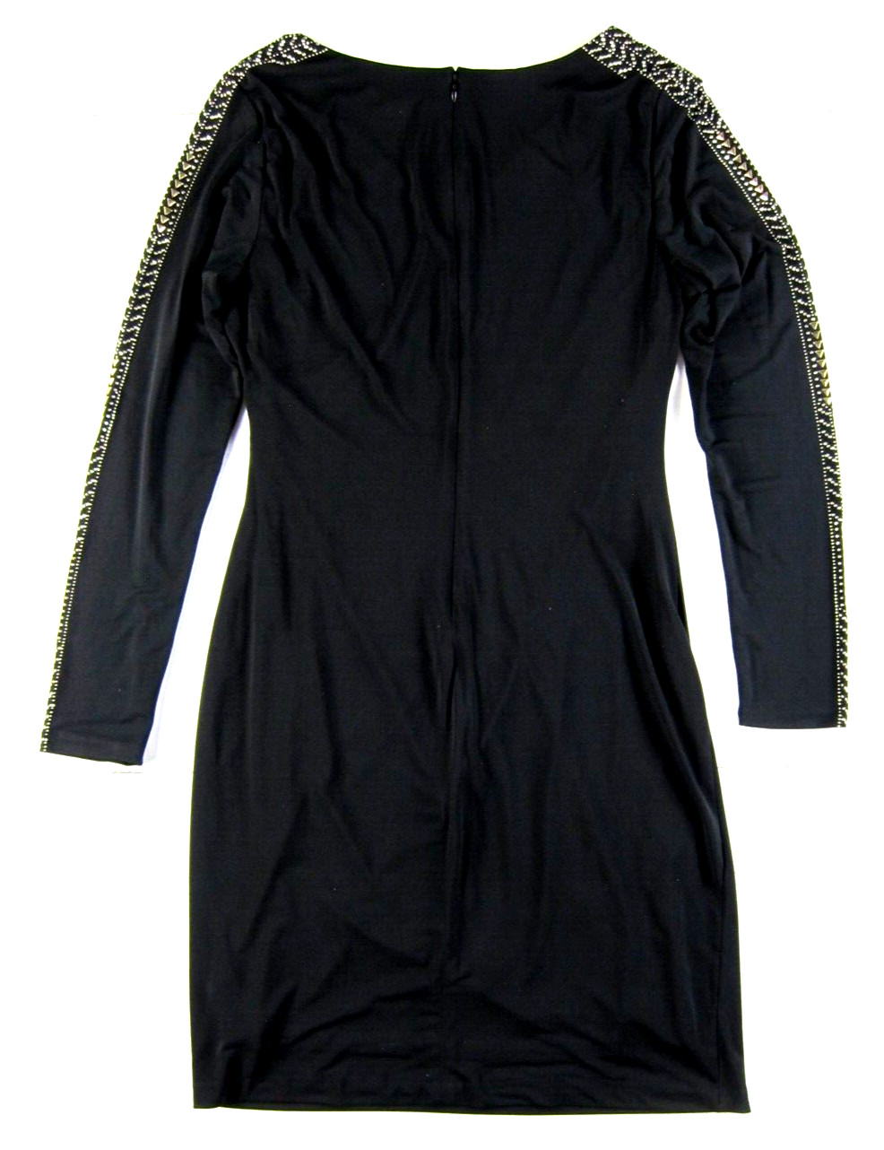 GUESS Black Stretch Ruche Silver Studded Beaded VNeck Long Sleeve Sheath Dress L