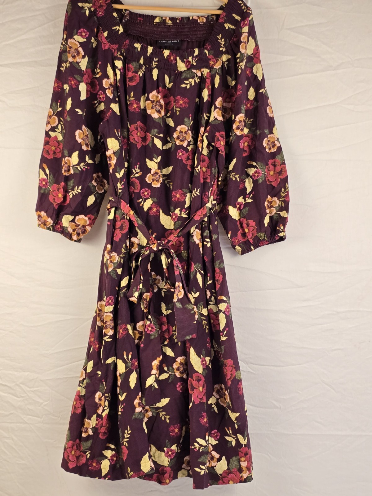 Lane Bryant Purple Floral Smocked Square Neck Belted Lined Midi Dress 14/16
