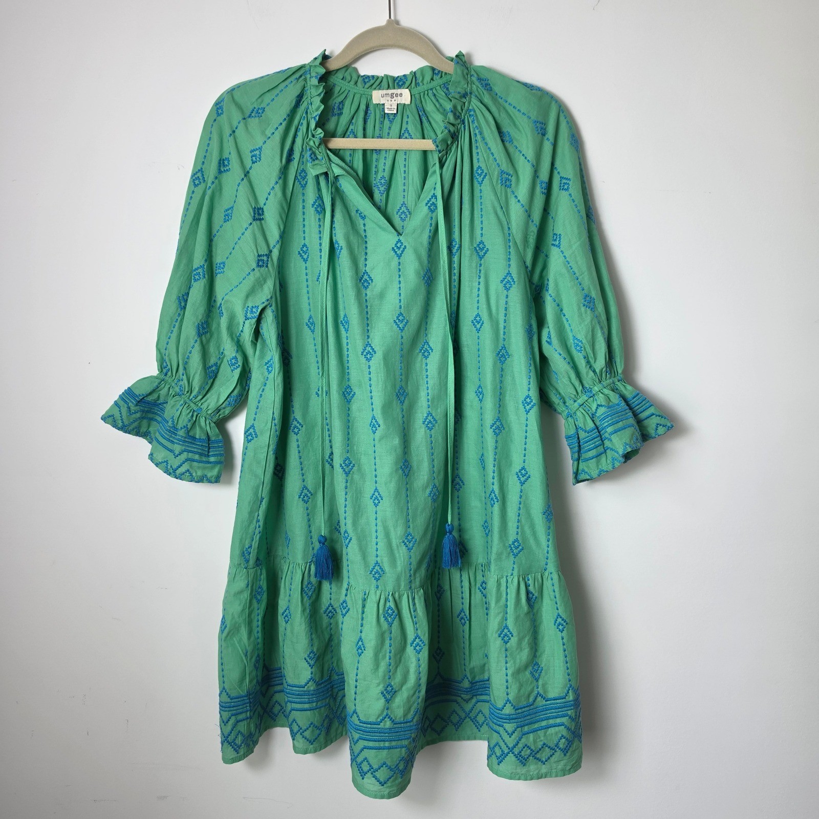 Umgee Green Embroidered Cotton Tassel Boho Babydoll Mini Dress Small