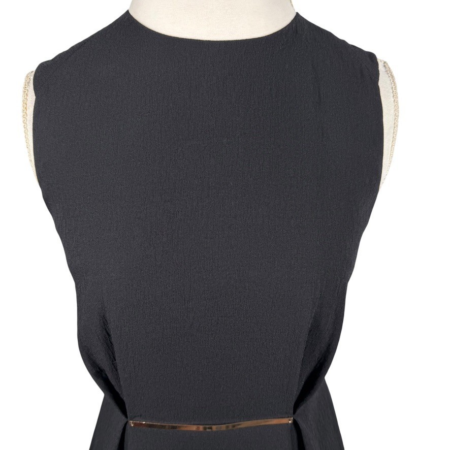 Zara Basic Black Sleeveless Dress Gold Metal Belt Minimalist Career Chic Size S