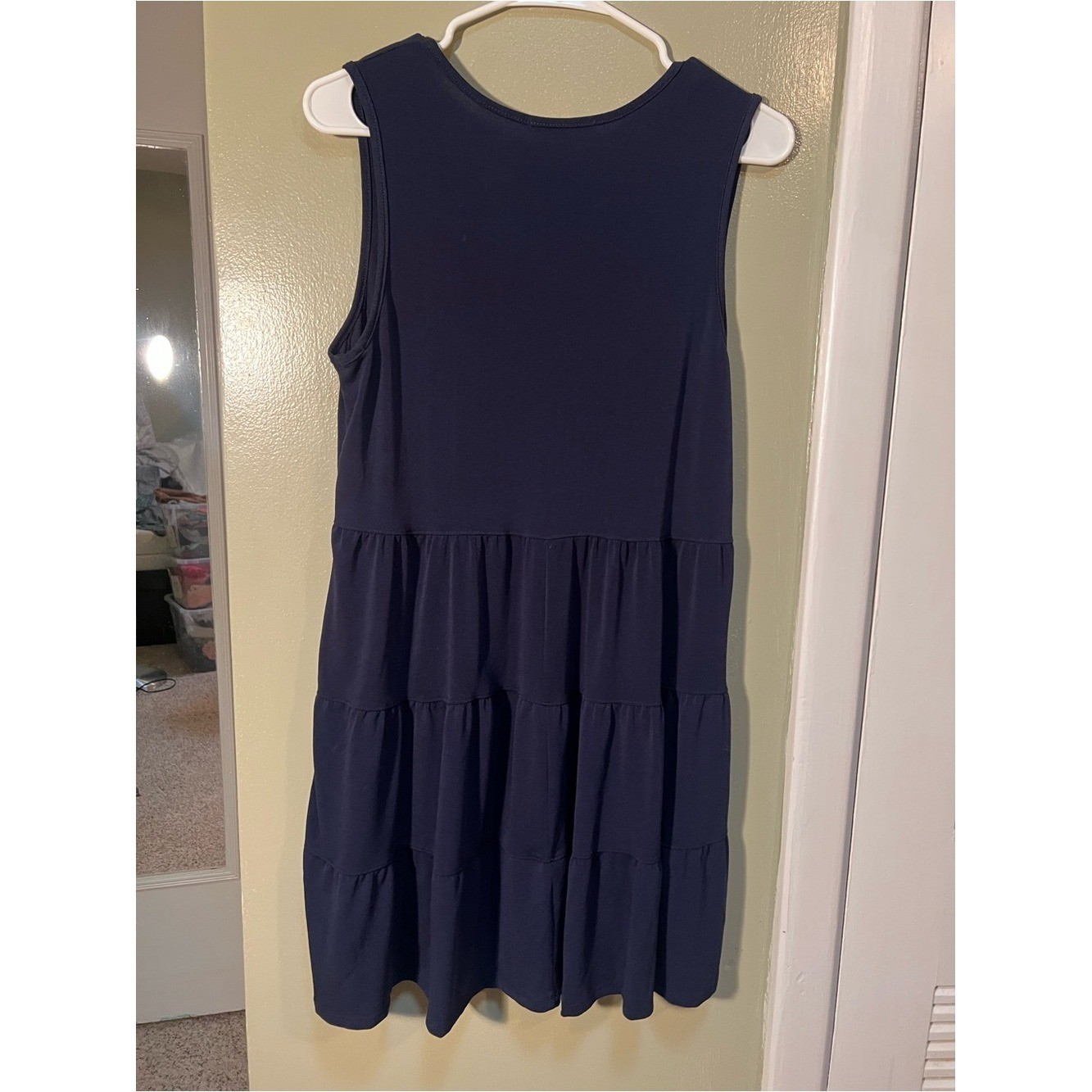 Green Envelope Womens Size Large Sleeveless Dress Navy Blue V-Neck Tiered A-Line
