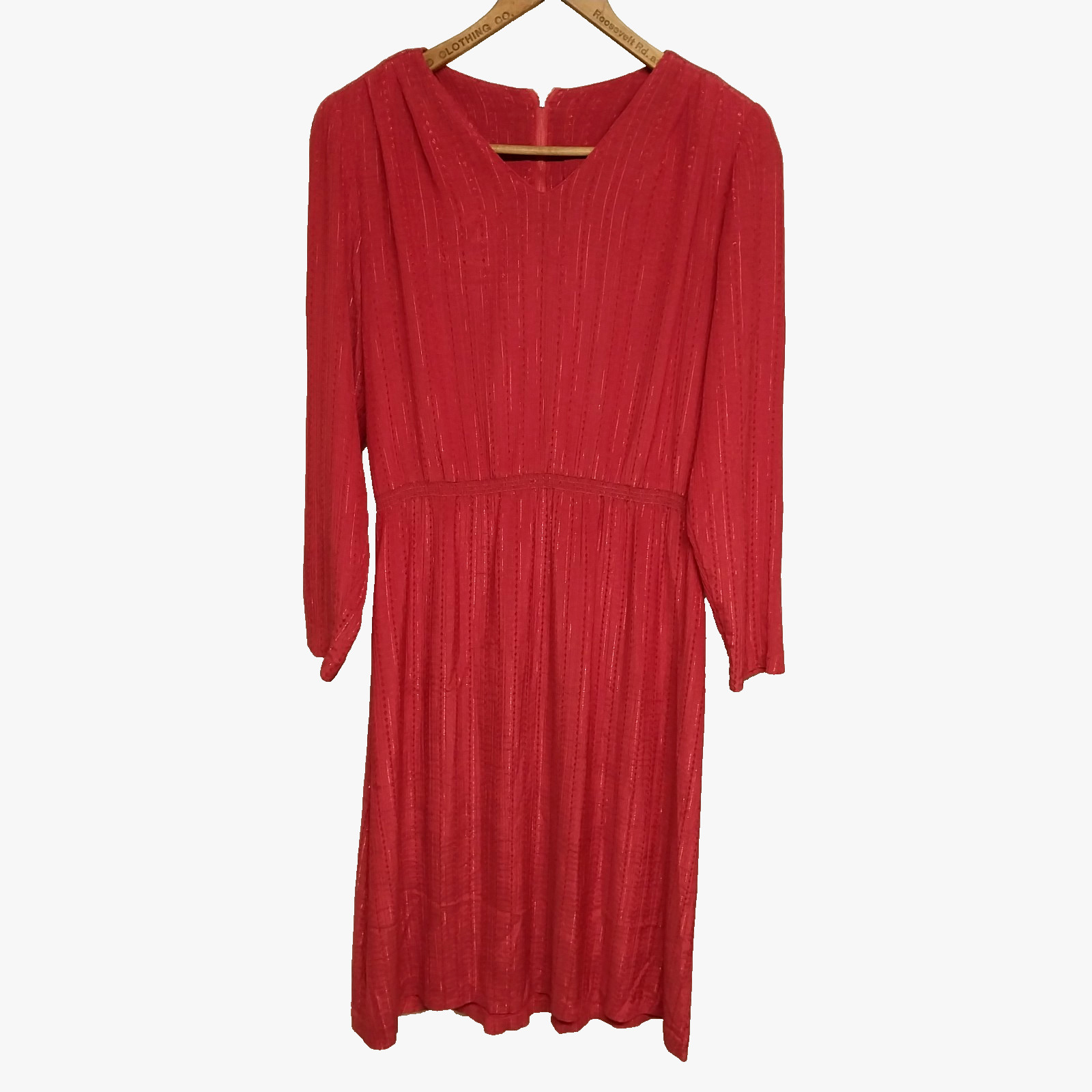 Vintage 1980s Red Plum Stripe Embroidered Midi Secretary Dress V Neck Size Small