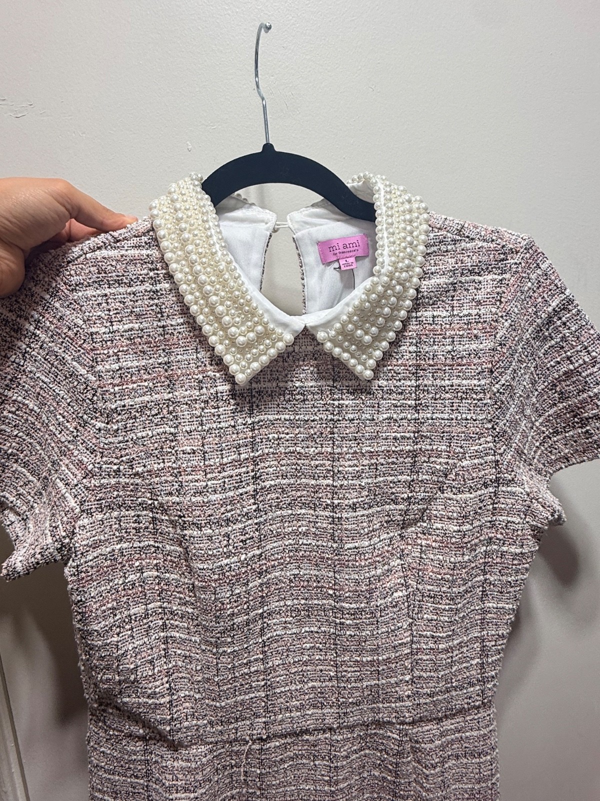francesca’s Pink/White Plaid Tweed Pearl Collar Shift Mini Dress Short Sleeve L