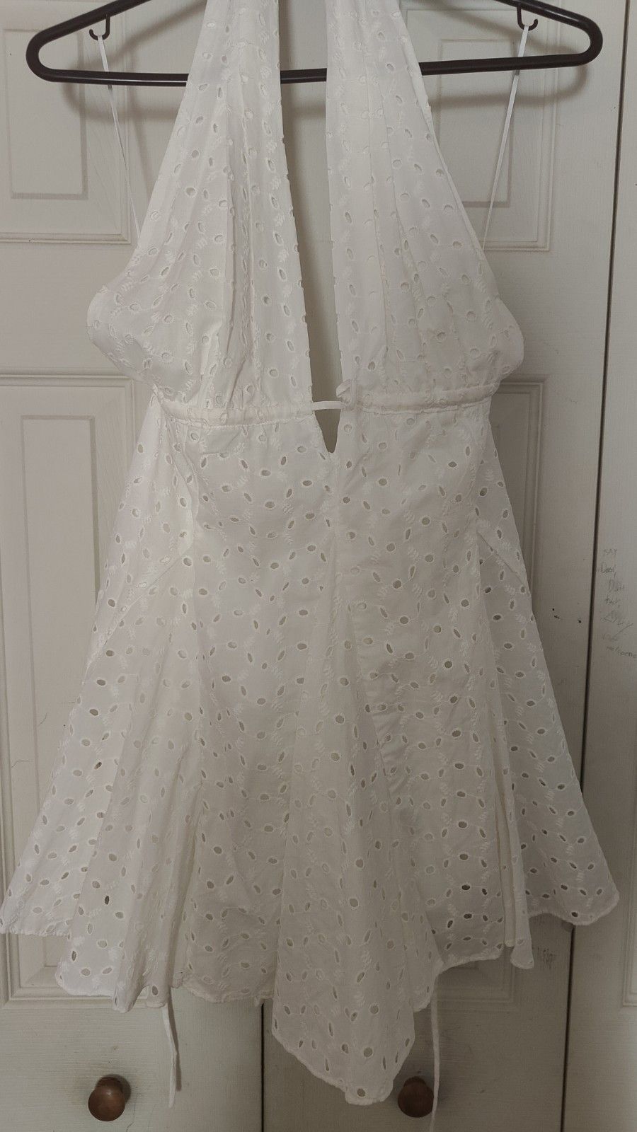 Zara White Eyelet Halter Mini Sundress Women’s S Smocked Ruffle Tie