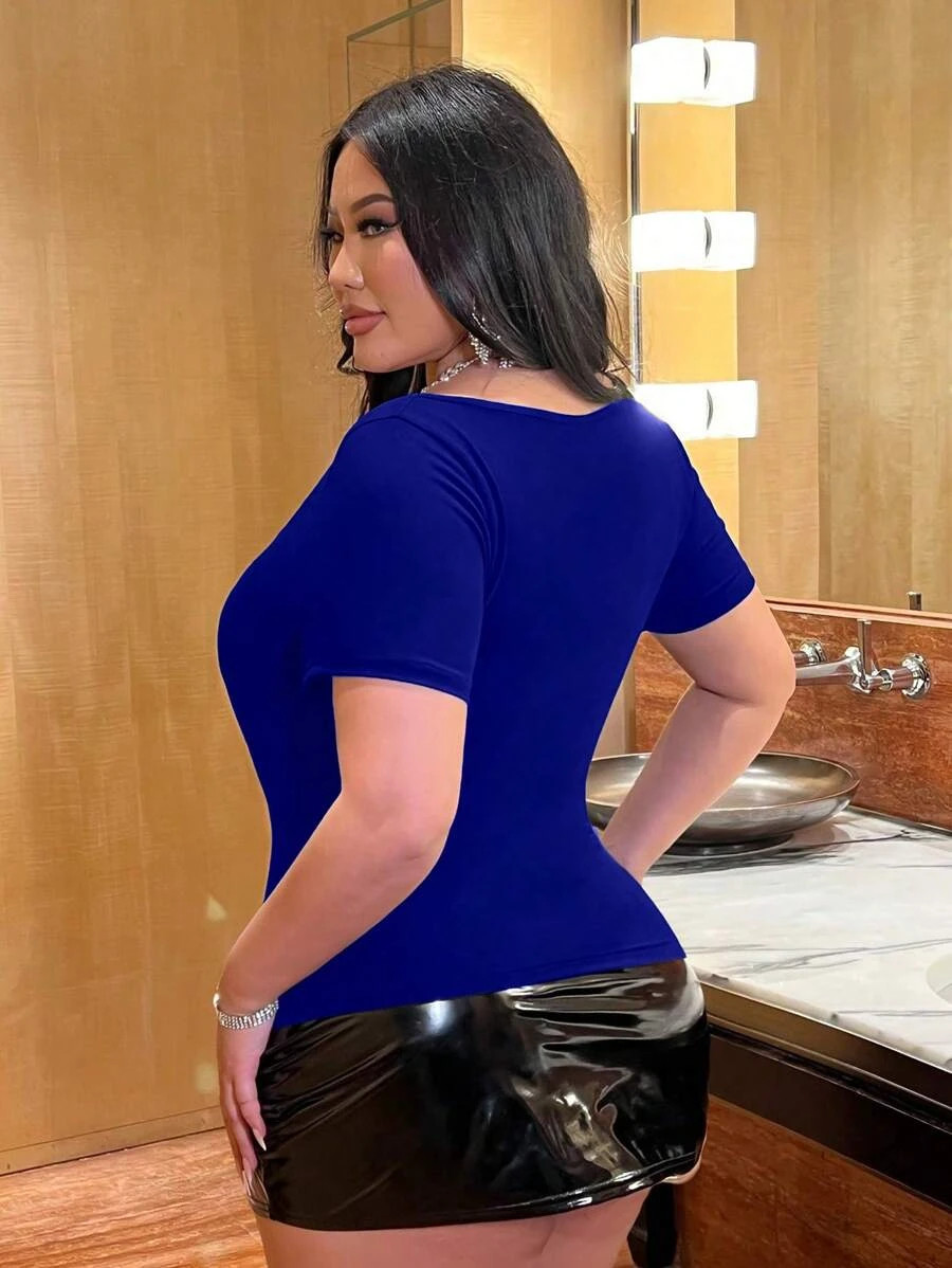 Flirla Plus Size Women Contrast Lace Short Sleeve Slim Fit Sexy T-Shirt