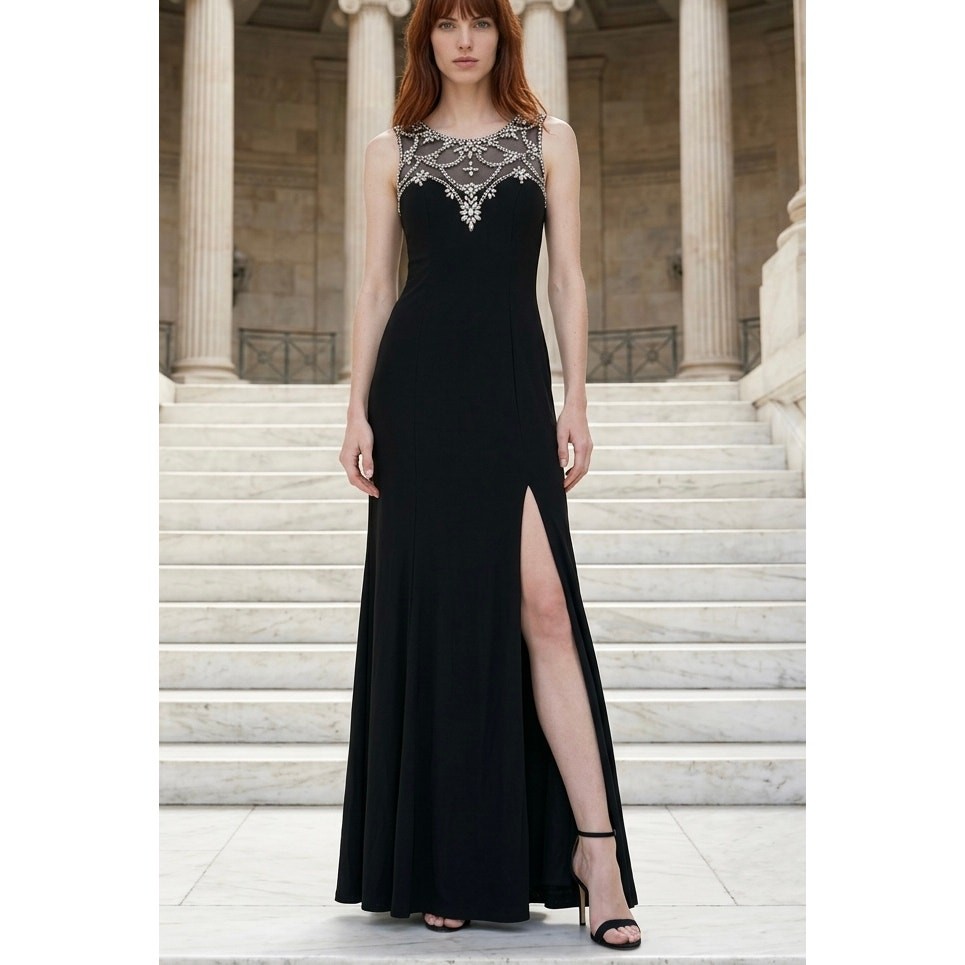 Rhinestone Beads Sequin Evening Gown Sz 2 Whimsigoth Black Tie Illusion Neckline