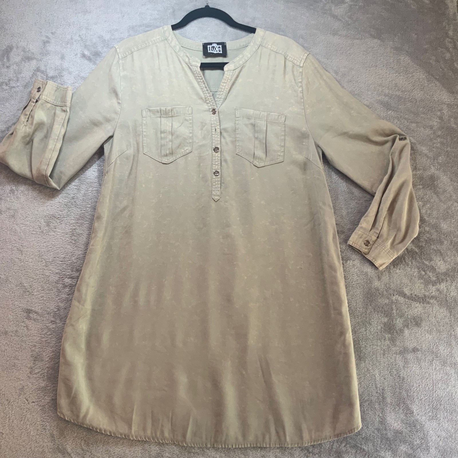 LUXE Women Olive Green Fatigue Utility Dress Faux Waxed Canvas Cotton Large