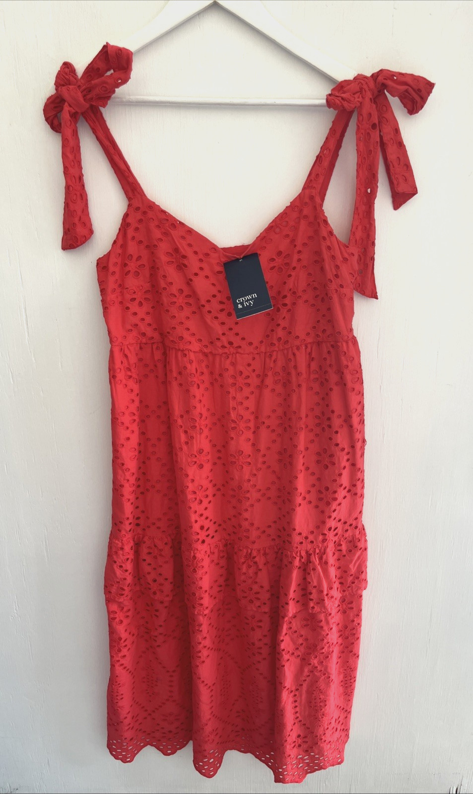 CROWN & IVY Scarlet Red Eyelet Dress Midi Sundress Tie Shoulders Size 8 NWT