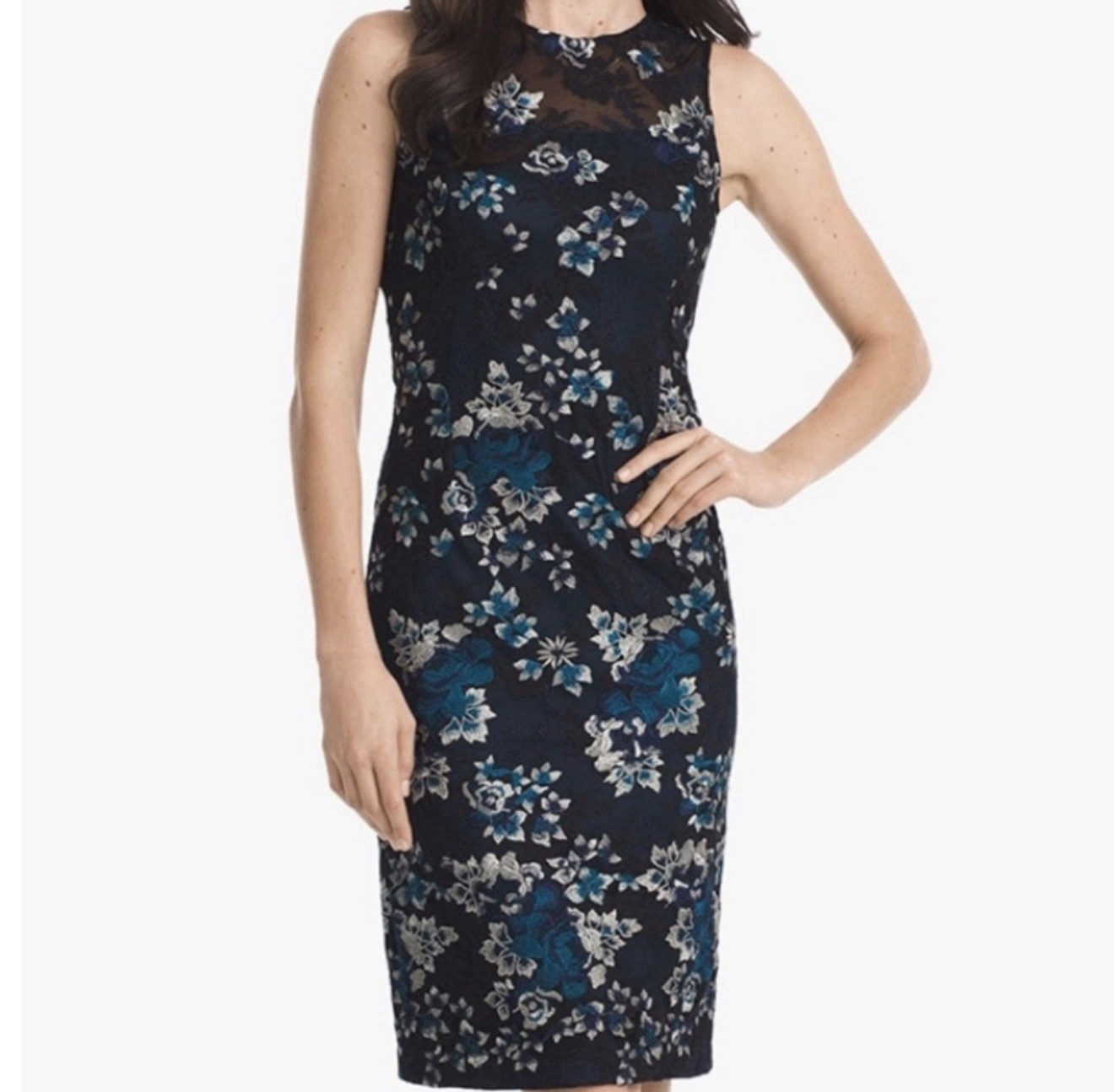 White House Black Market Floral Teal Black Embroidered Lace Dress Evening Event