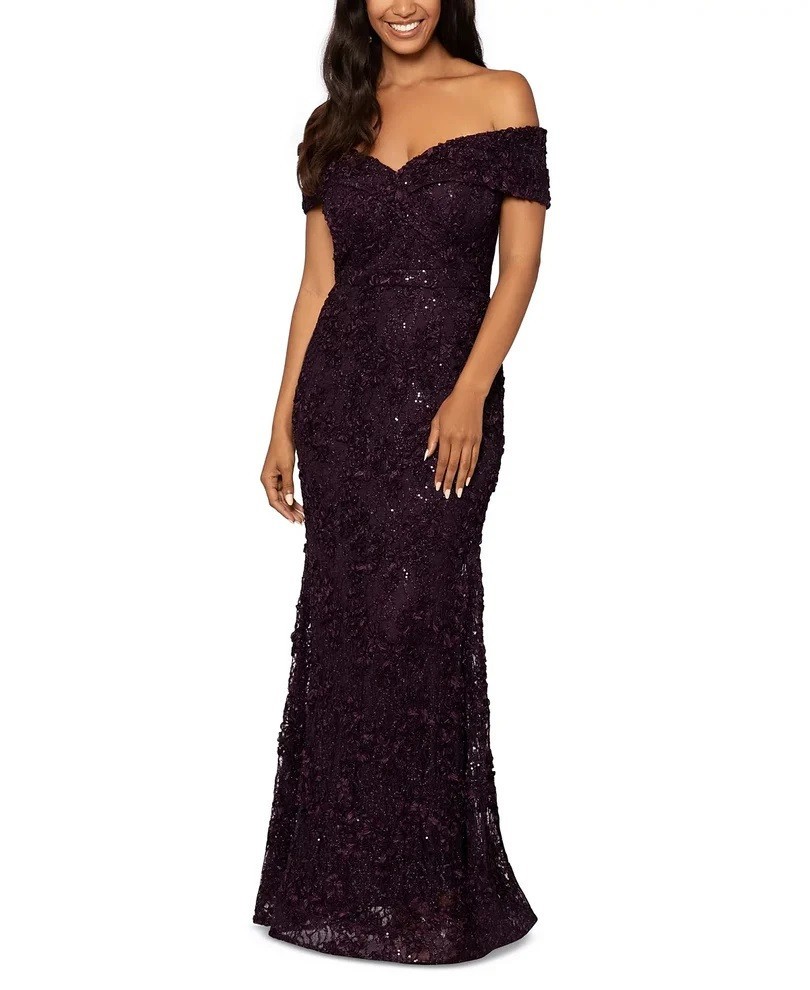 XSCAPE Off-The-Shoulder Lace Gown Mulberry Size 12 $289