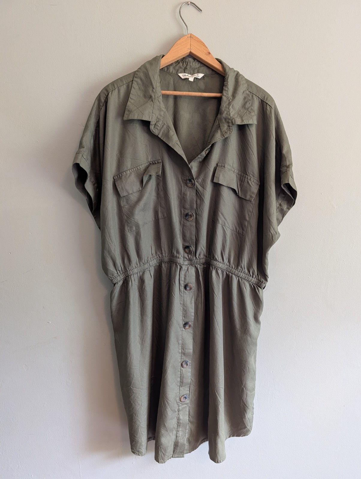 3XL Utility Shirt Dress Button Front Military Pocket Flaps Safari Olive Khaki