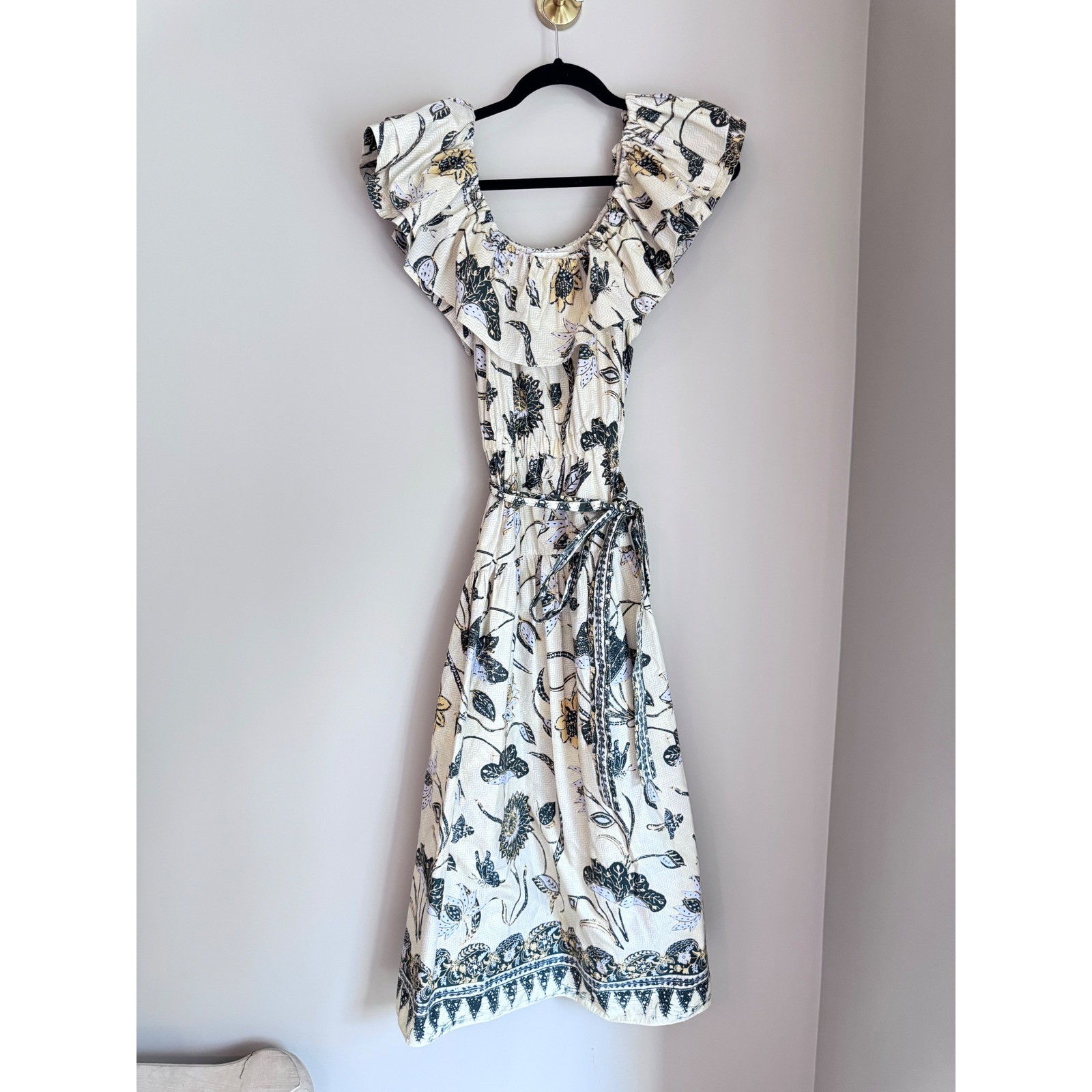 Ulla Johnson Floral Cotton Midi Dress Cream Black Yellow Size 6 coquette Summer