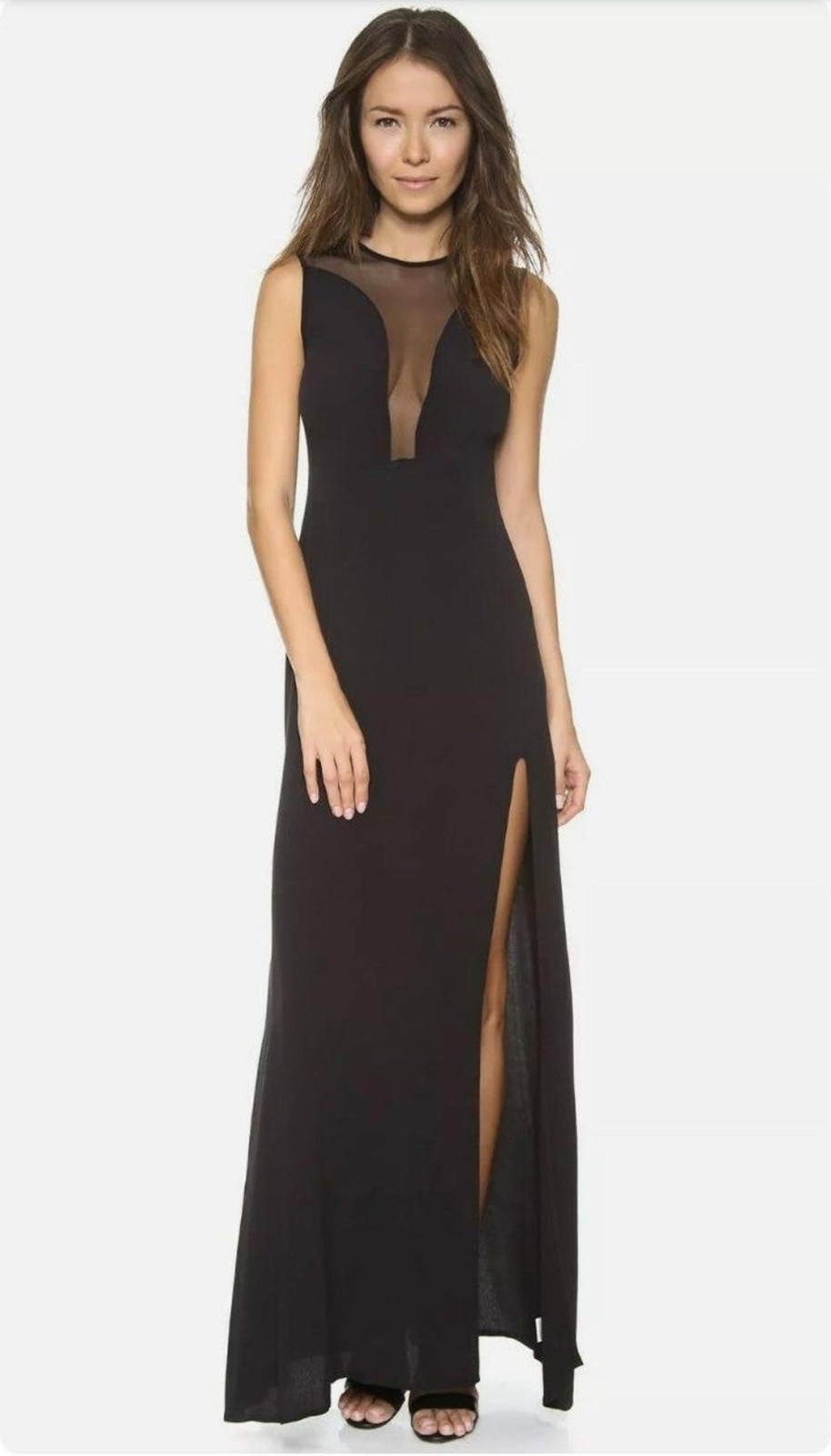 FOR LOVE & LEMONS Black Maxi Length Dress Sheer Mesh Thigh Slit Women’s Size XS