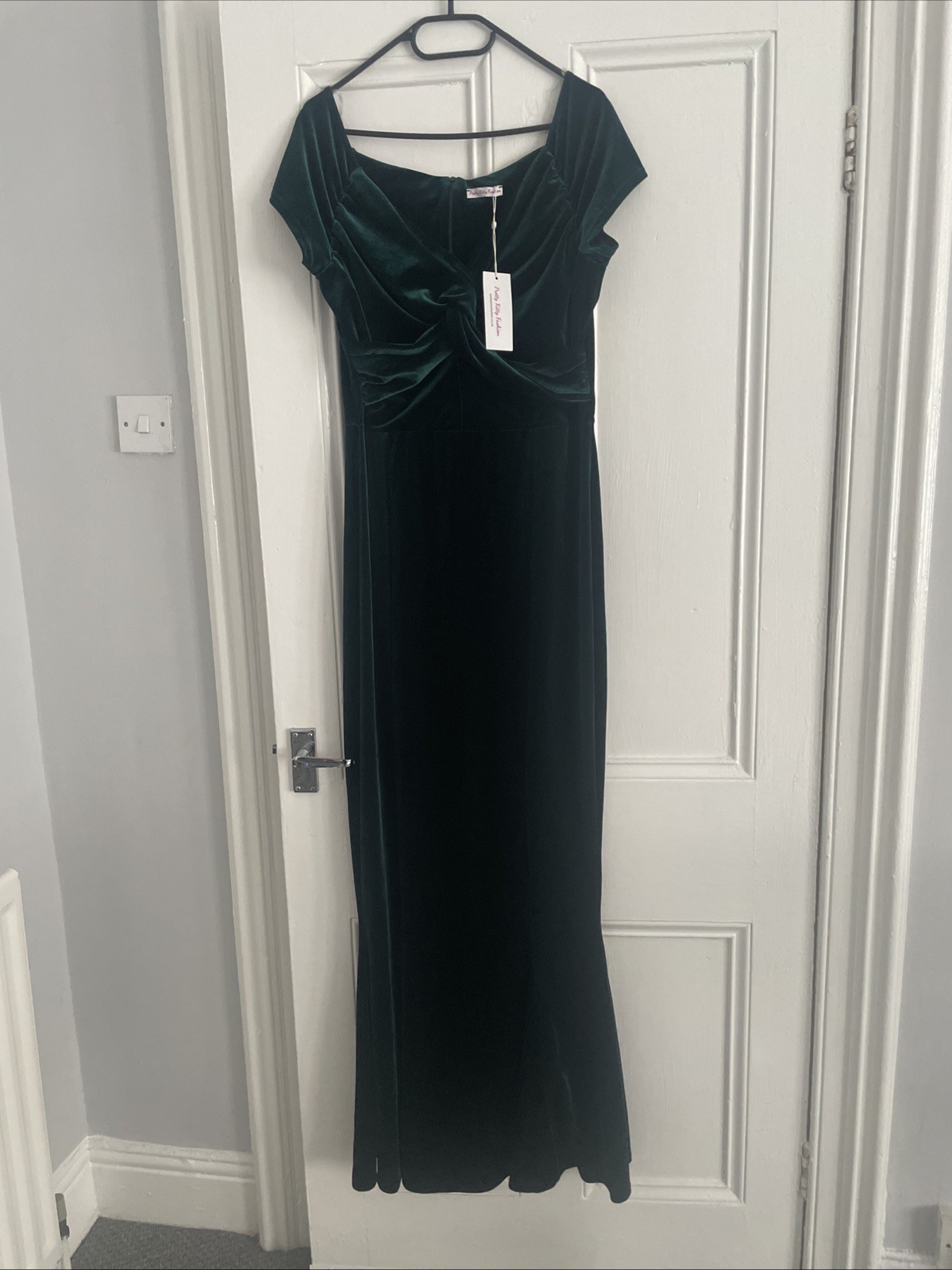 Emerald Green Velvet Knot Front Bardot Evening Gown UK12/14 See Description