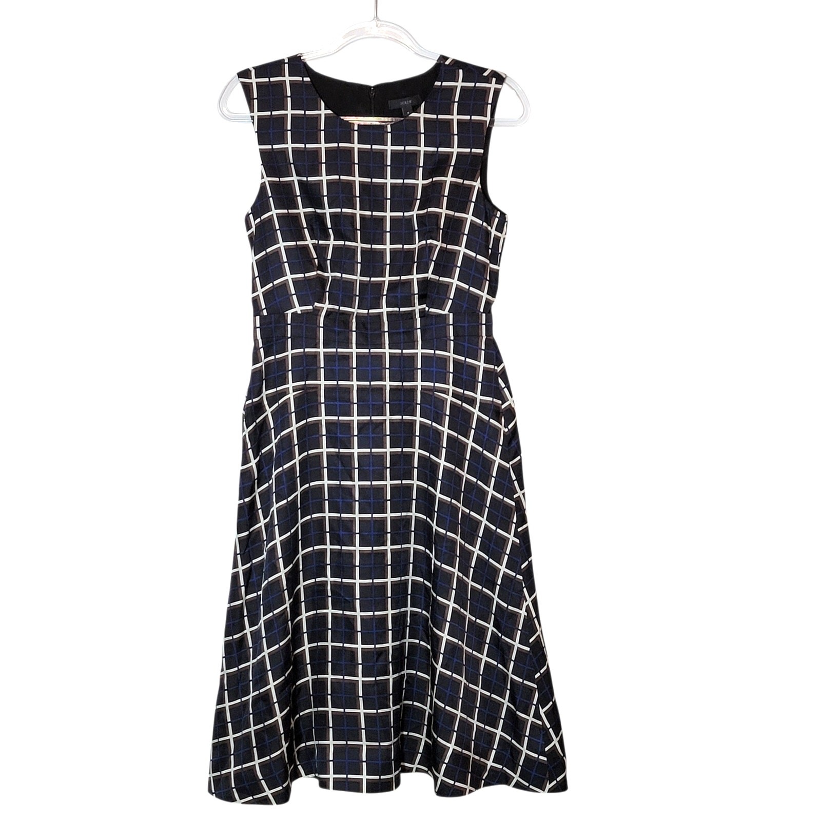 J.Crew Silk Windowpane A-Line Midi Dress Black Tan Navy Jewel Neck Classic 4 NWT