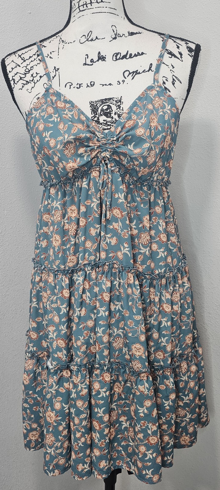 Bloomfield A-Line Floral Teal Brown Cream Spaghetti Strap Ruffled Sundress Large
