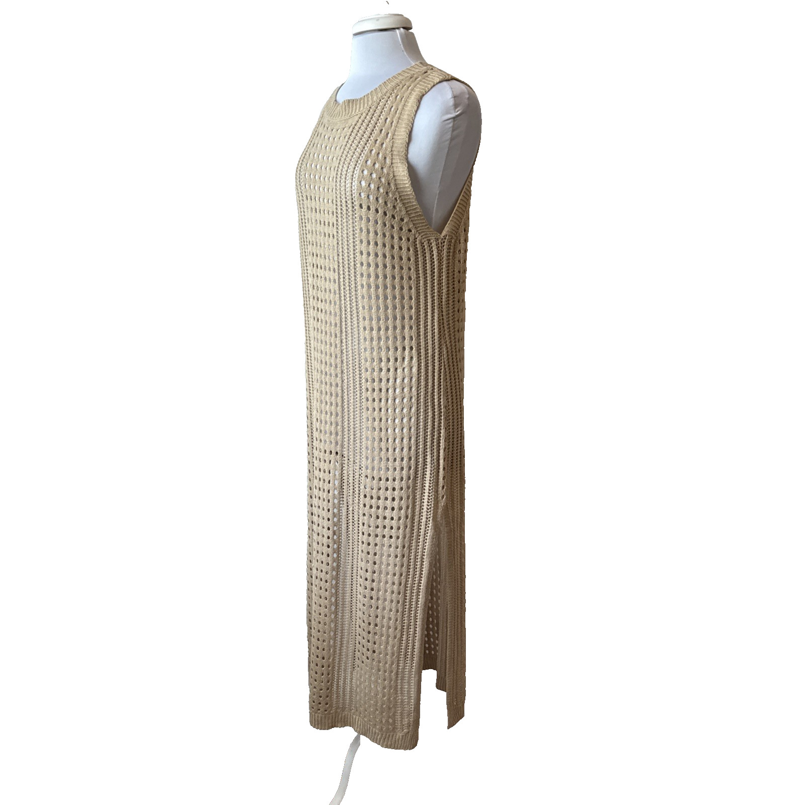 Resortwear Crochet Open Knit Sleeveless Maxi Dress Cover Up XL Tan Beach Boho