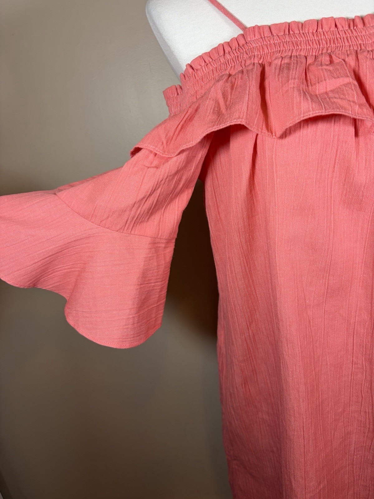 Violet Weekend Peach Off Shoulder Ruffle Knee Length Dress L Cotton Blend