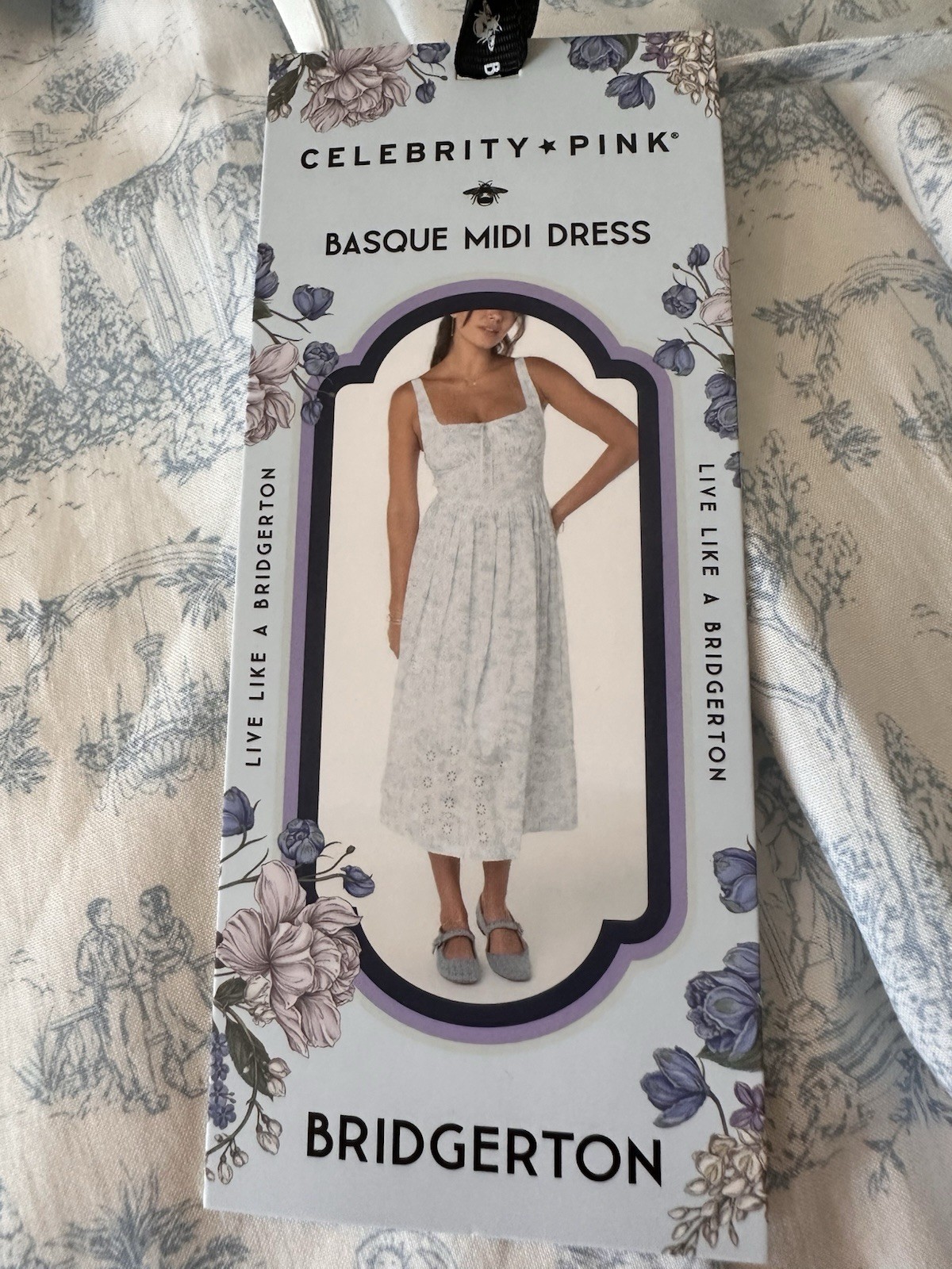 NWT Bridgerton Celebrity Pink Womens Basque Blue Toile Midi Dress Size M