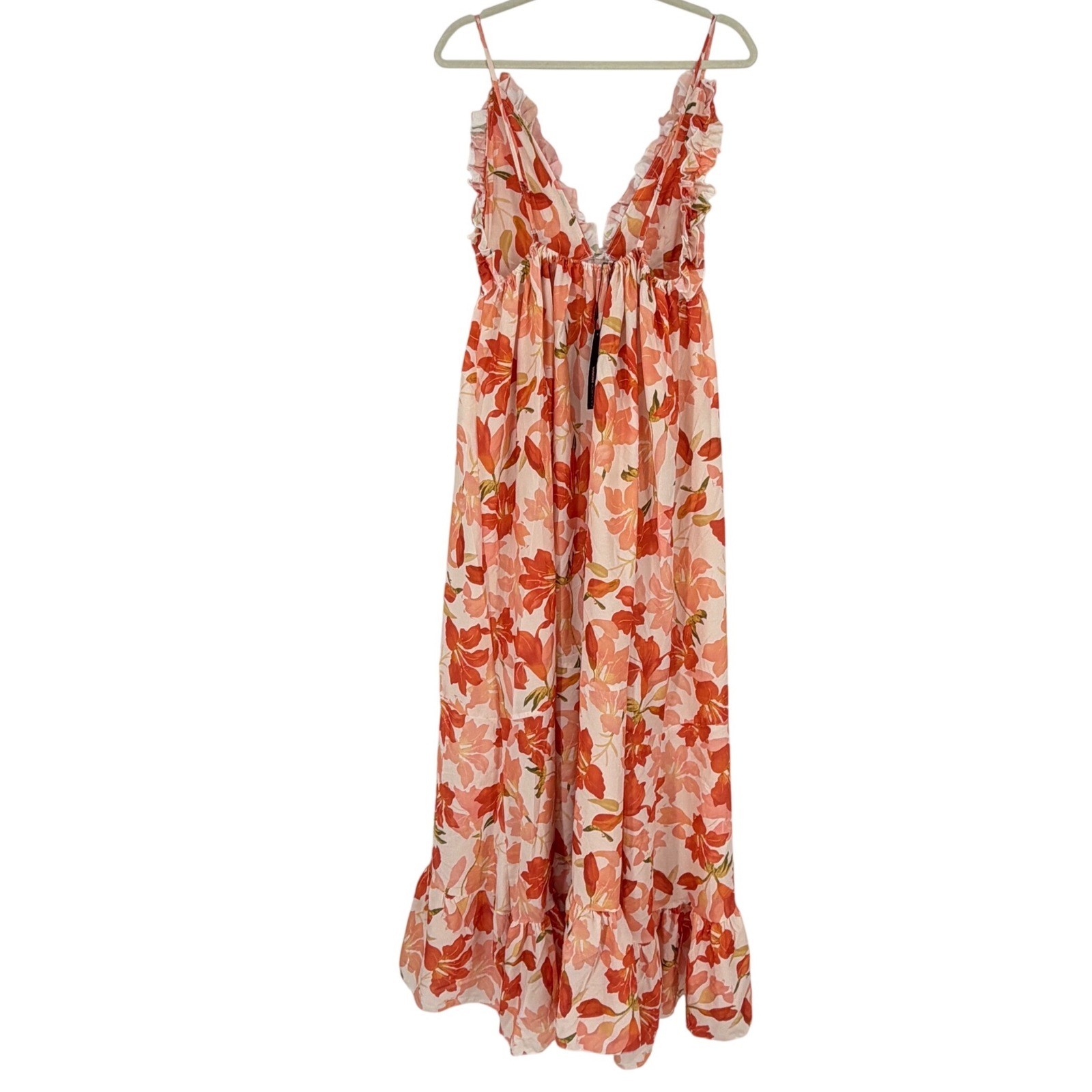Fashion Nova Kyla Floral Maxi Dress Coral Ruffle Plunge Neck Size M NWT