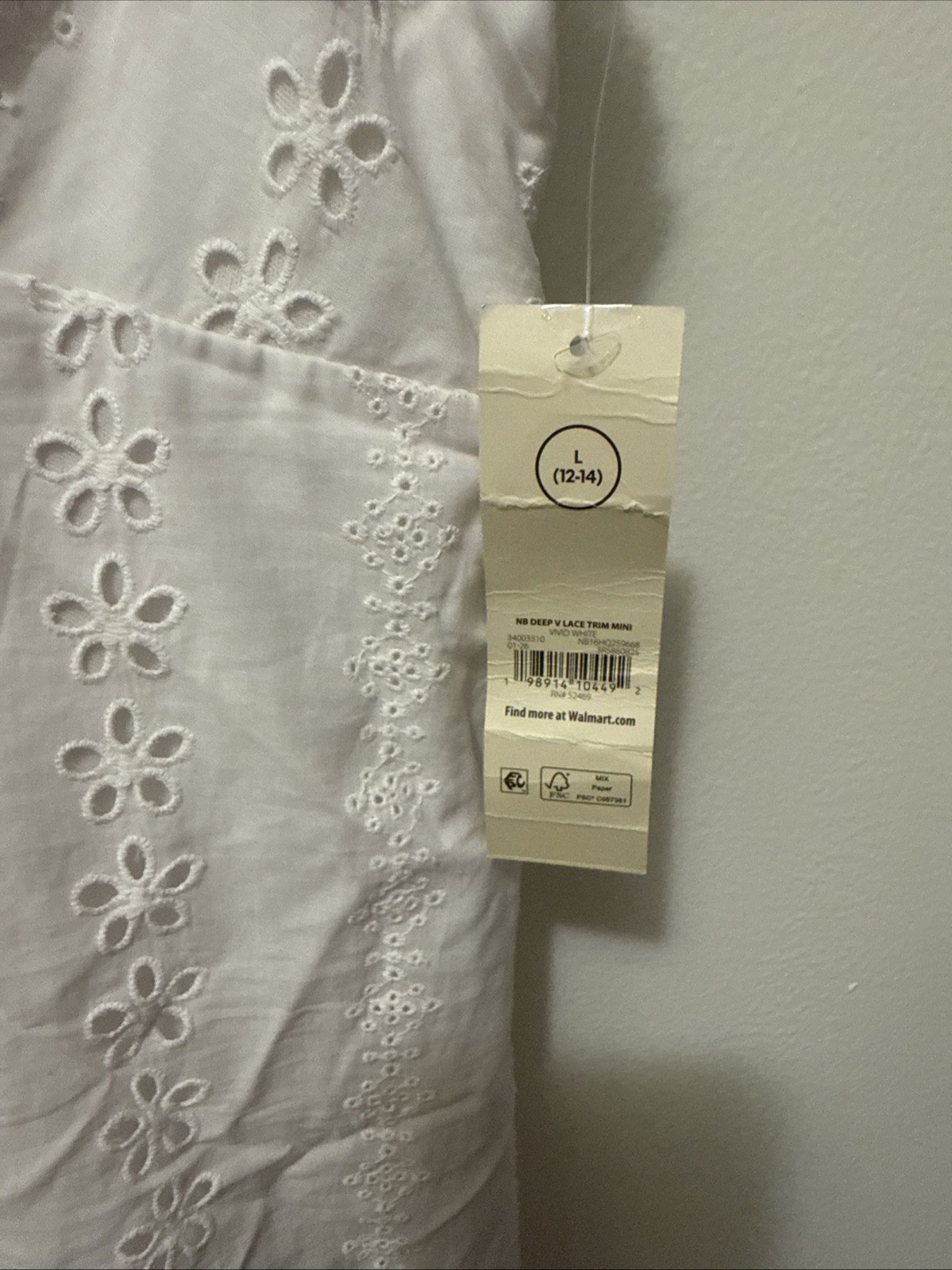 No Boundaries Women’s Size L Eyelet Cotton Lace Trim Plunge Mini Dress, NWT