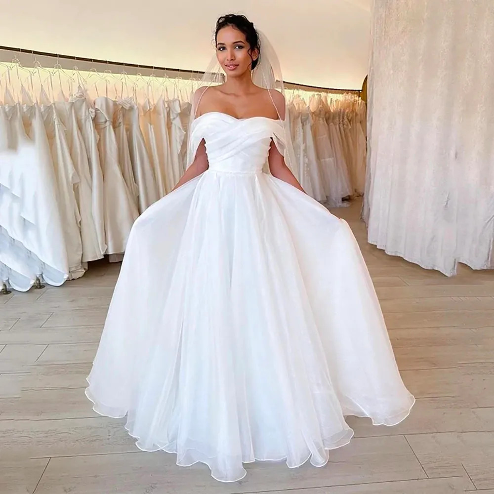 Wedding Dresses White Bridal Gowns Zipper Lace Up Sleeveless Off-Shoulder Dress