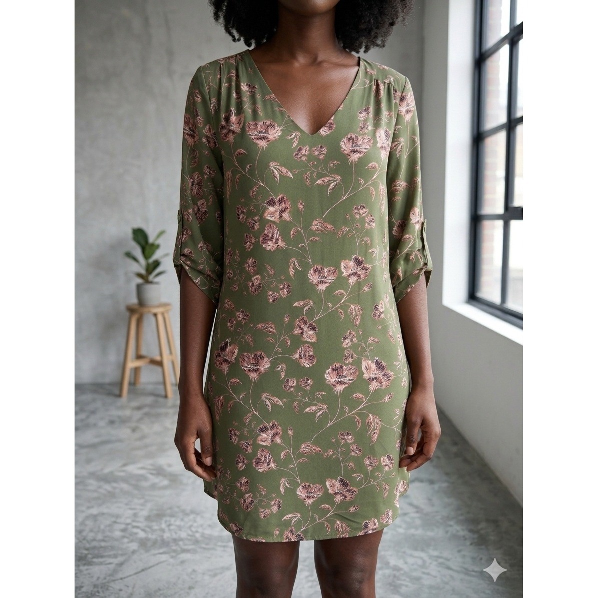 Verse Olive Green Pink Floral V-Neck Roll Tab Sleeve Shift Mini Dress Womens