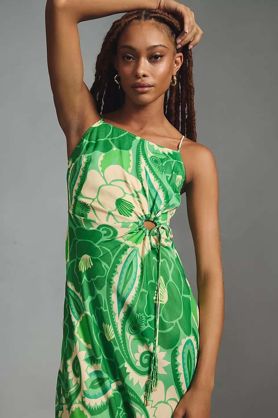 Farm Rio FAB! Tropical Groove Midi Cut Out Tassel Tie Dress in Greens/Cream S