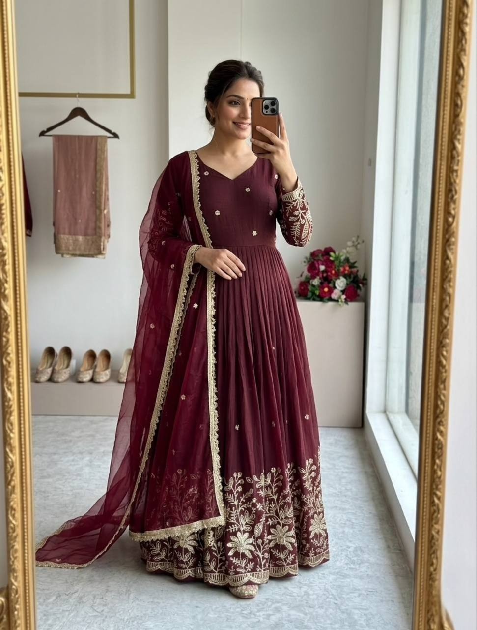 Presenting New Pure Vichitra Silk Maroon Gown With Dupatta For Ethnic Wear