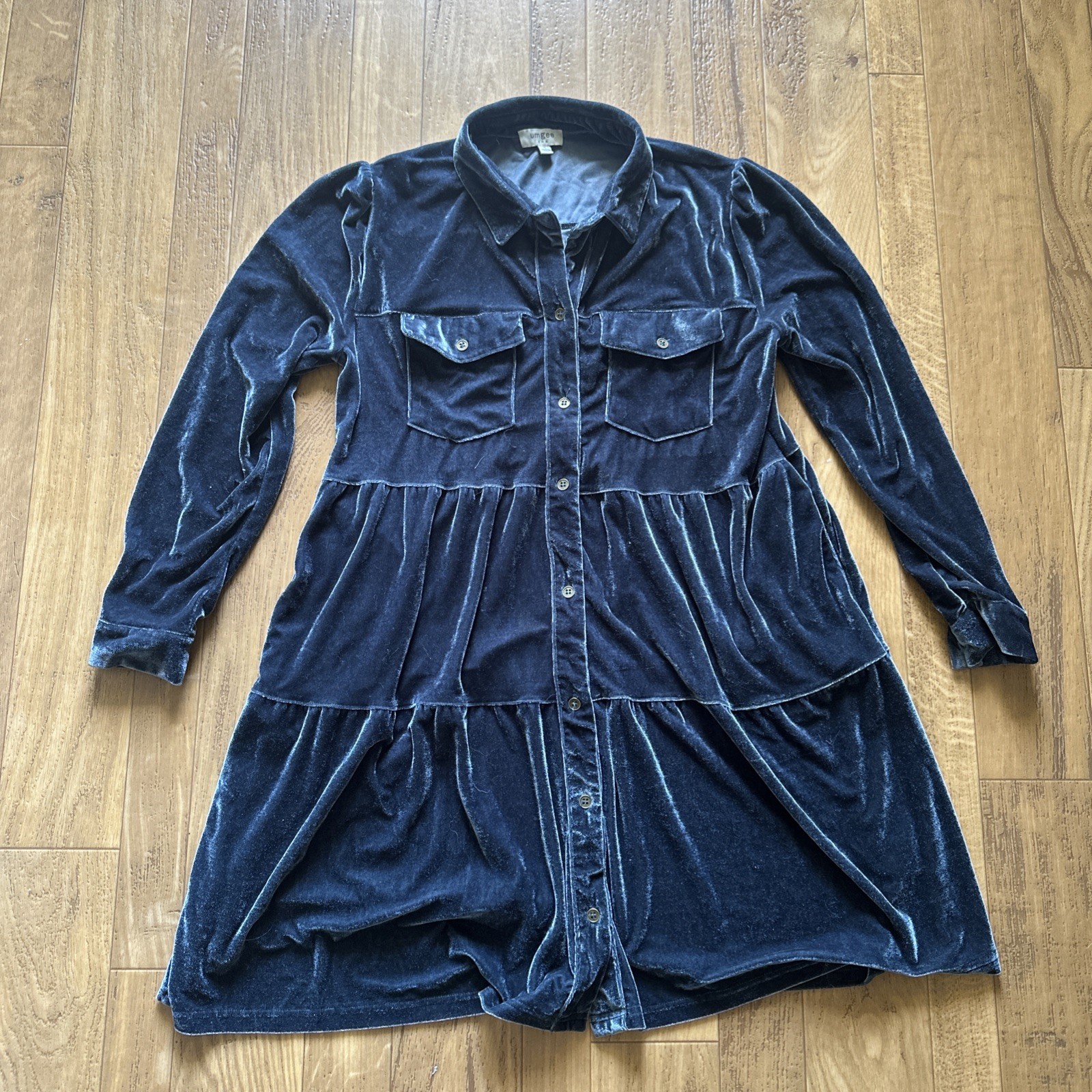 Umgee Women Blue Velvet Button Up Dress Tiered Long Sleeve Mini Cottagecore Sz S
