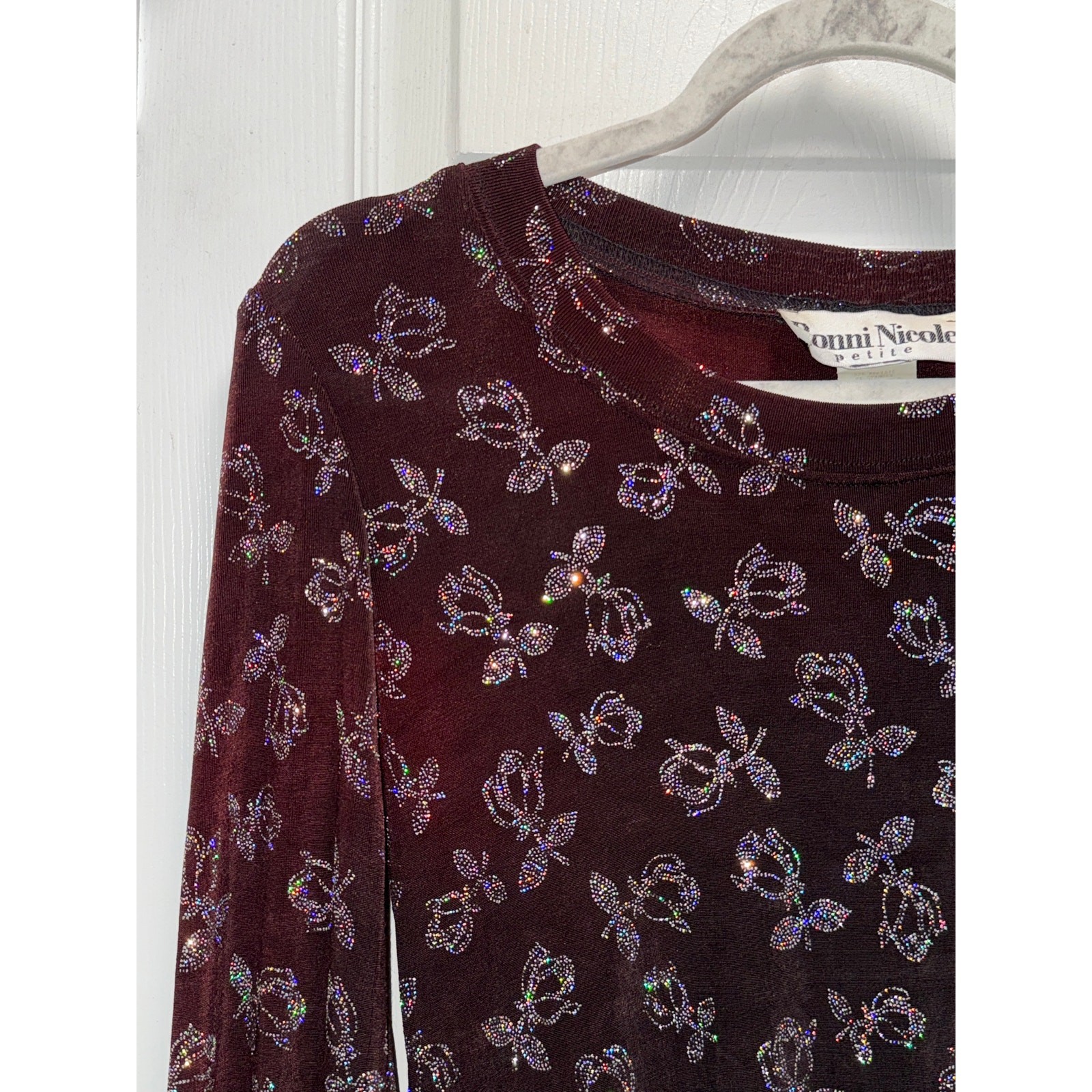 Vintage 90 A Line Stretch Knit Shimmer Rhinestone Rose Print Mini Dress Size 2