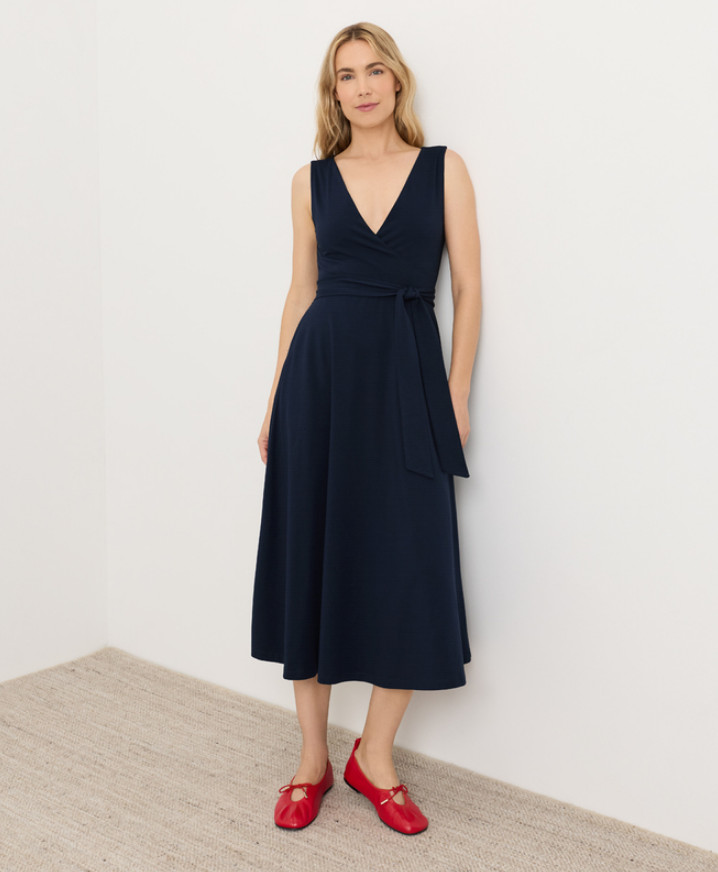 PACT Organic Fit & Flare Easy V-Neck Dress, Navy, Black Color, Freeship