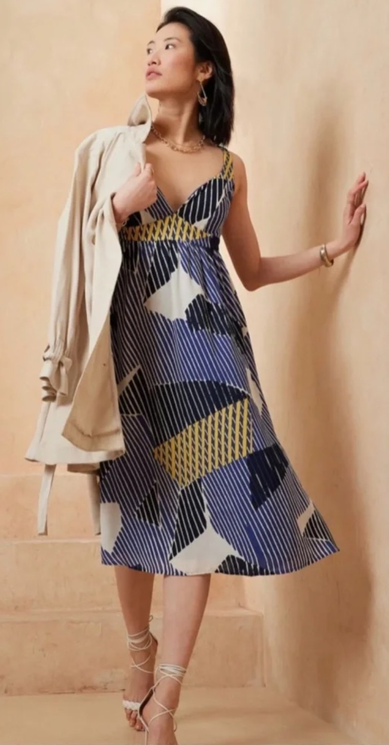 Banana Republic Petite 2P Blue Yellow Geometric Strappy Midi Dress
