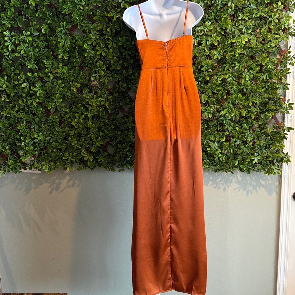 Luxurious Marvel Rust Orange Satin Ruched Column Dress