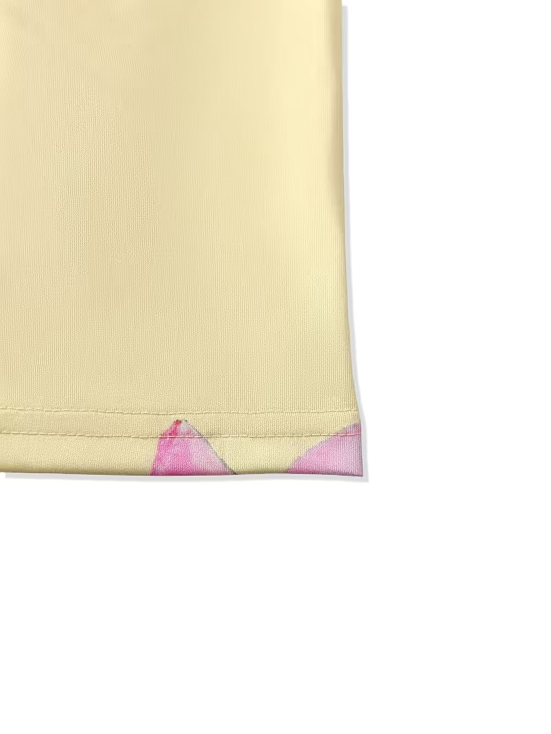 NEW Large Elegant Sleveless Ruched Soft YELLOW Maxi Dress w Pink & White Flowers