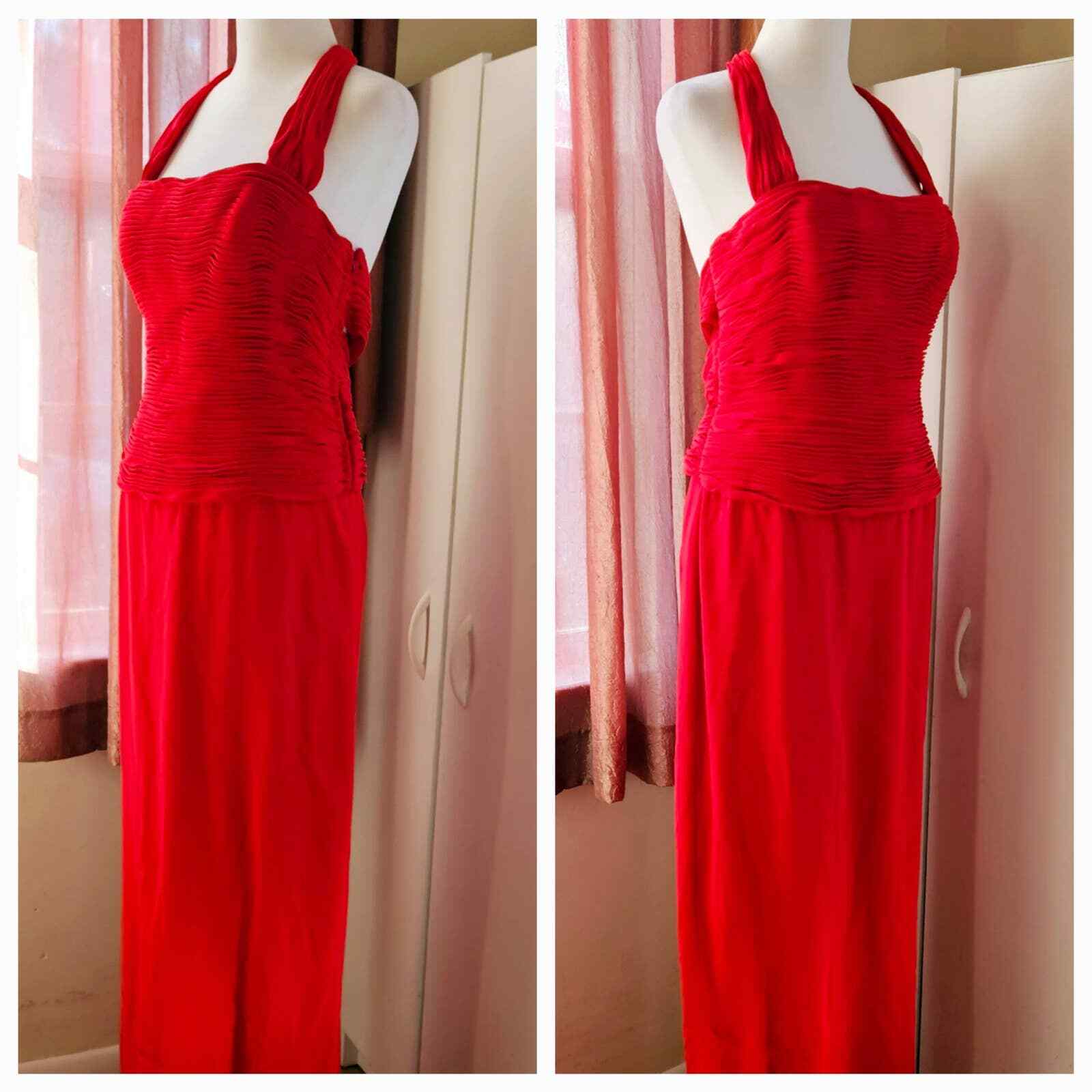 Size 10 Niteline Della Roufogali Red Halter Strap Ruched Bodice Elegant Formal