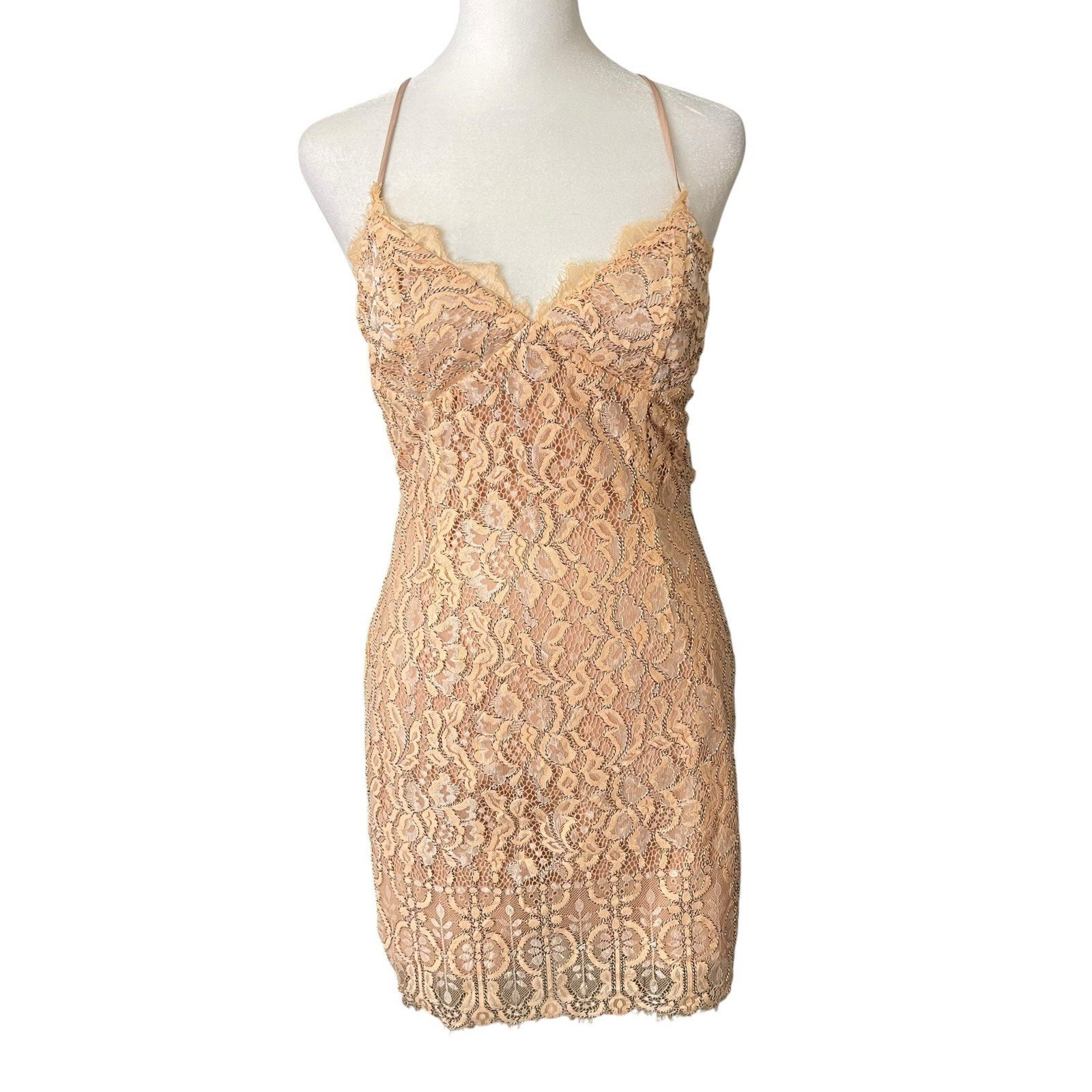 NBD Womens Small Mini Dress Lace Vneck Open Back Peach Orange Sheath Cocktail
